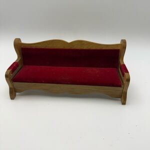 Vintage Wood Red Sofa Bench Doll House Miniature With  Red Velvet Cushion, Great